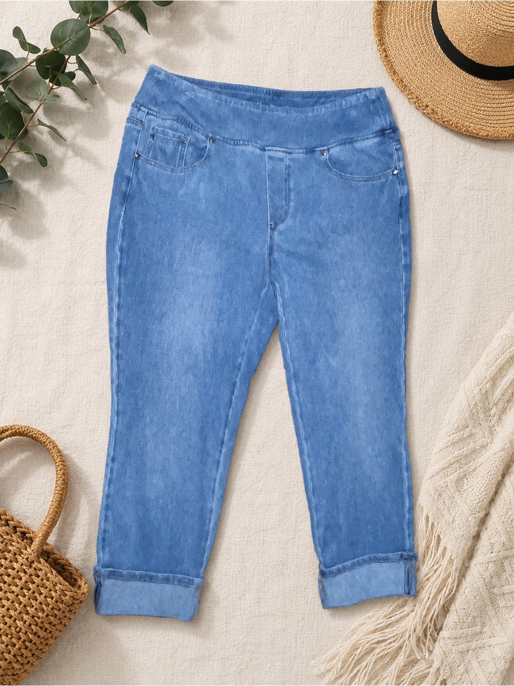 🌟 Belle by Kim Gravel Flexibelle Cuffed Crop Jeans Light Wash Sz 14 Pull on 🌟